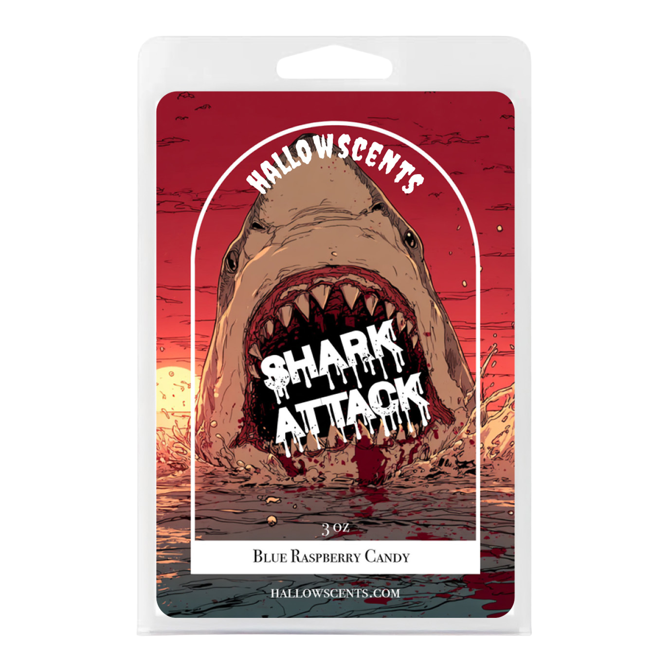 Packaging of Hallowscents Shark Attack candy with a shark illustration on a red background. Horror Wax Bars. Spooky Wax Bars. Horror Bath and Body. Spooky Bath and Body. 