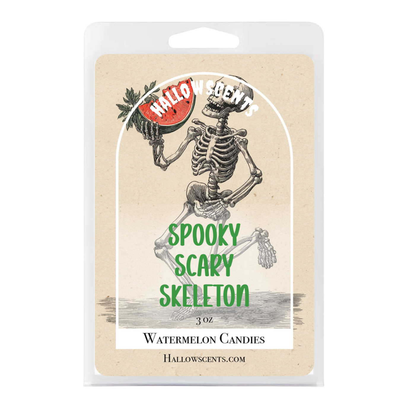 Packaging of HallowScents Spooky Scary Skeleton watermelon candies with a skeleton illustration.
Horror Wax Bars. Horror Candles. Spooky Wax Bars. Horror Candles. Horror Bath and Body. Spooky bath and body. 