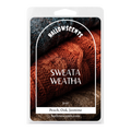 Hallowscents Sweata Weatha product packaging with brown fabric texture. Horror Wax Bars. Spooky Wax Bars. Horror Bath and Body. Spooky Bath and Body. 