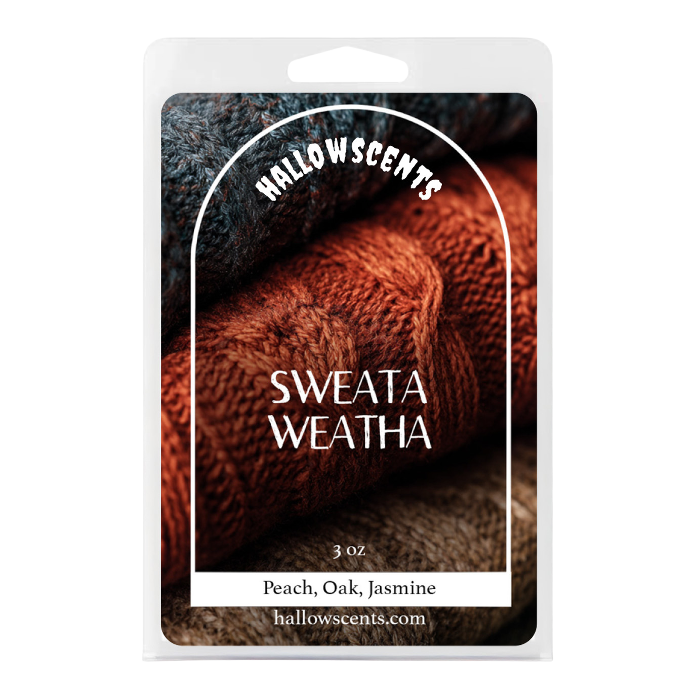 Hallowscents Sweata Weatha product packaging with brown fabric texture. Horror Wax Bars. Spooky Wax Bars. Horror Bath and Body. Spooky Bath and Body. 