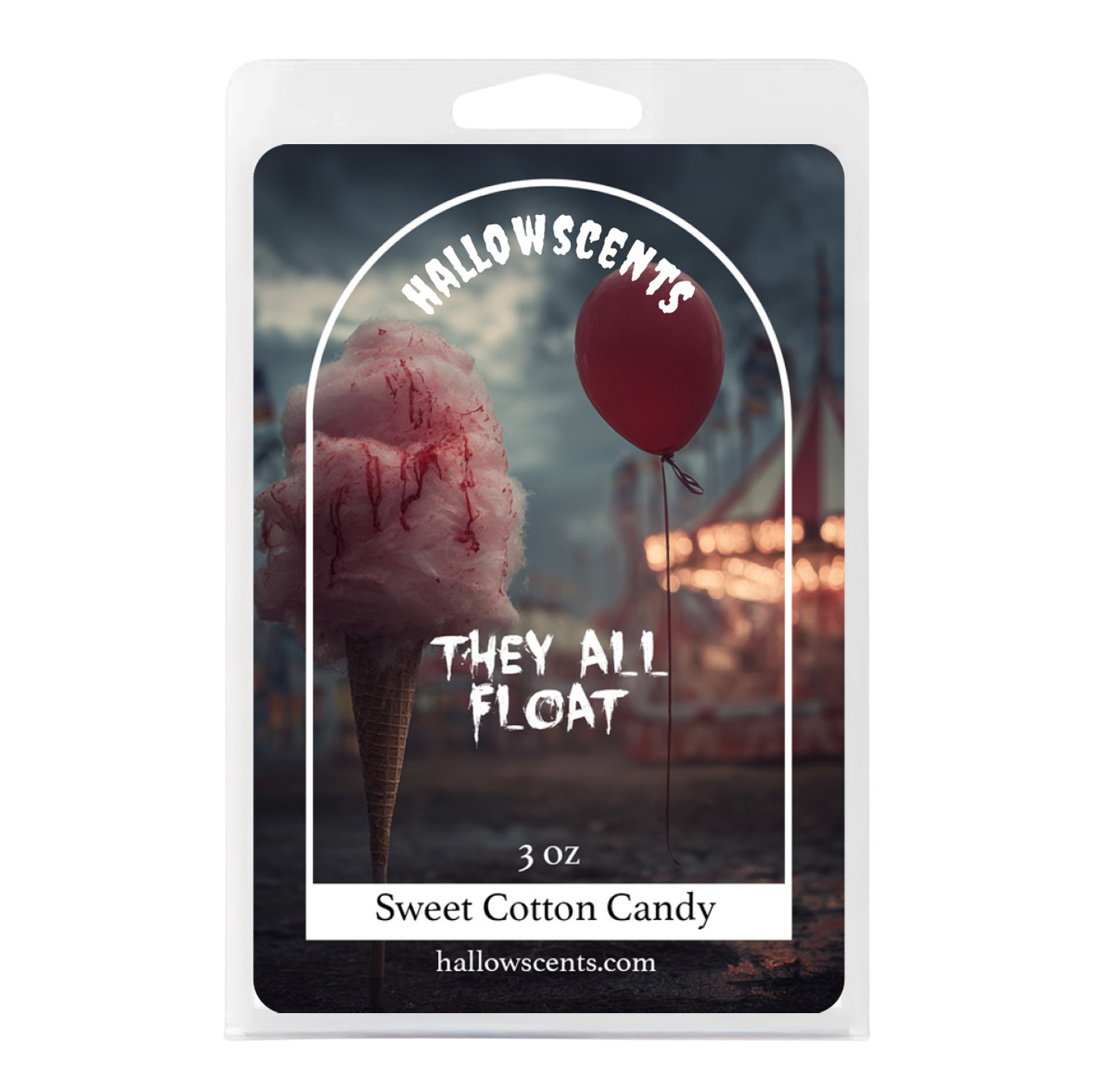 Hallowscents packaging with pink cotton candy cone and red balloon against a dark background. Horror Wax Bars. Spooky Wax Bars. Horror Bath and Body. Spooky Bath and Body. 