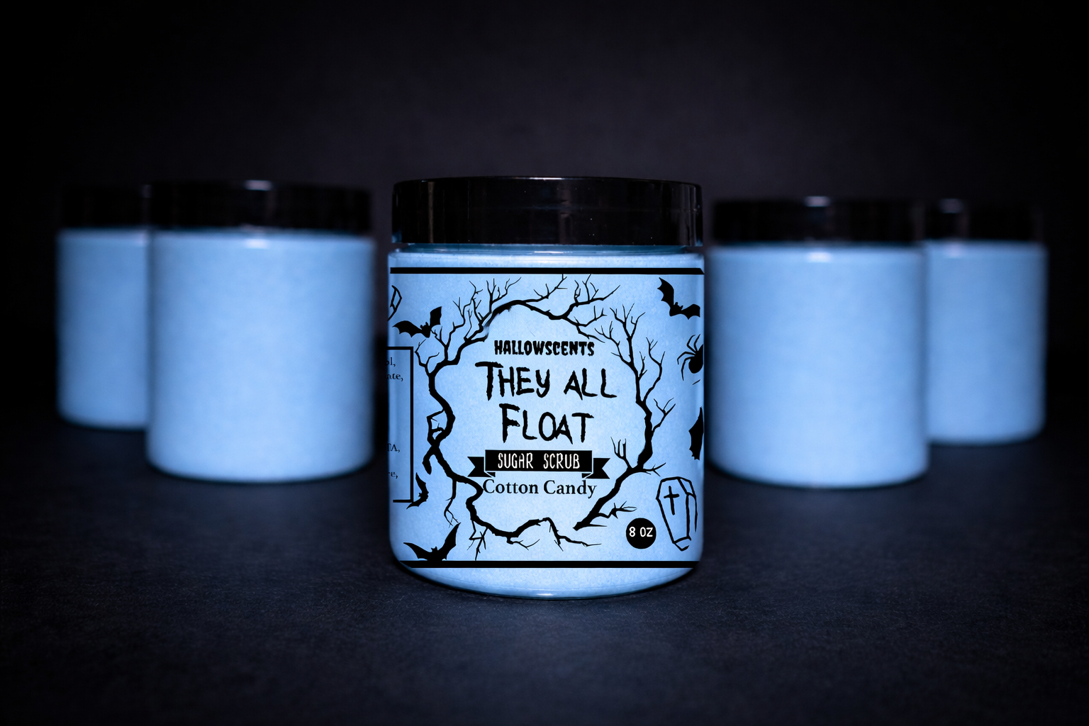 Jar of Halloween-themed sugar scrub with a dark background.
Horror Wax Bars. Horror Candles. Spooky Wax Bars. Horror Candles. Horror Bath and Body. Spooky bath and body. 