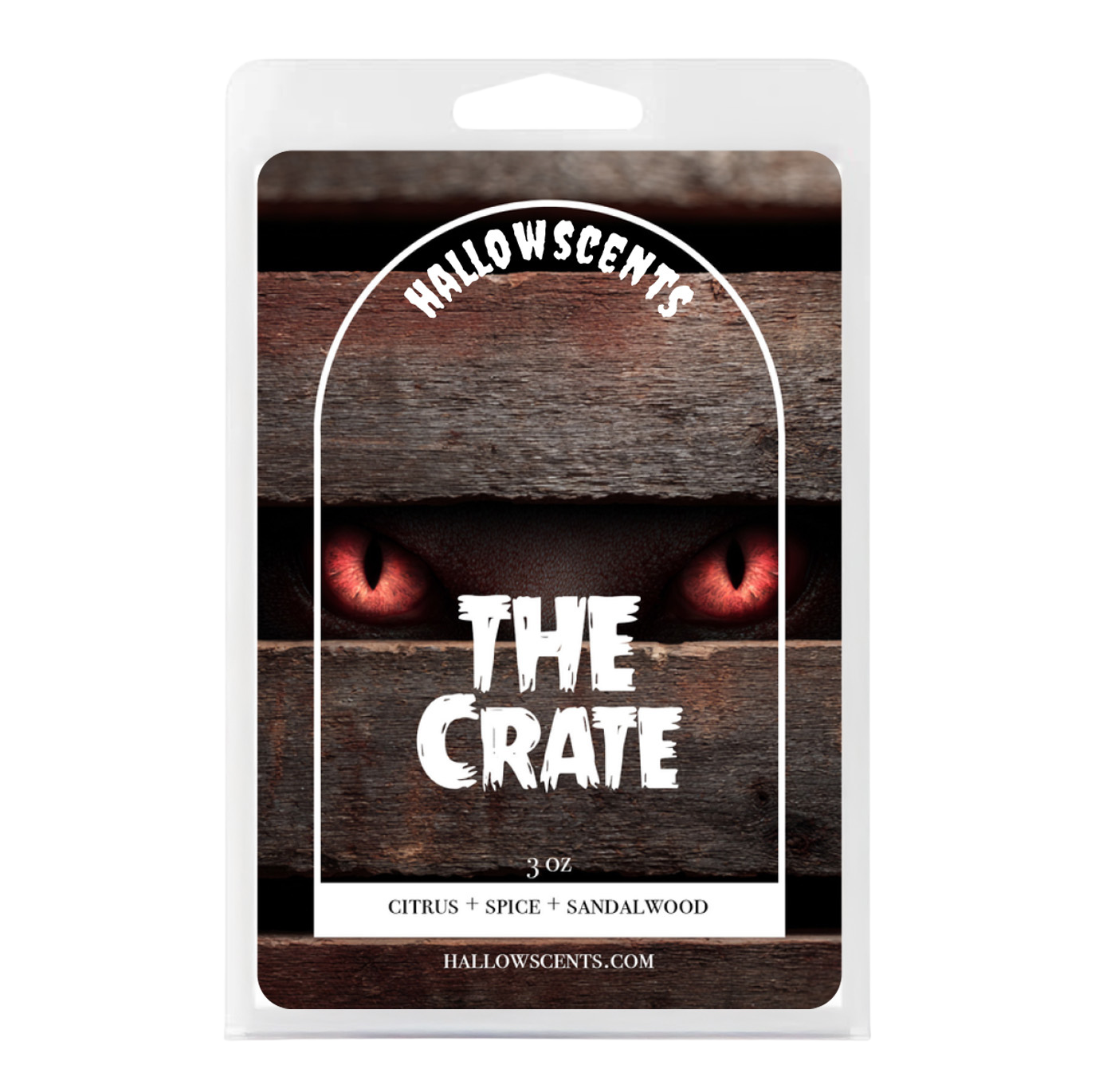 Packaging of Hallowscents 'The Crate' with wooden crate design and red eyes. Horror Wax Bars. Spooky Wax Bars. Horror Bath and Body