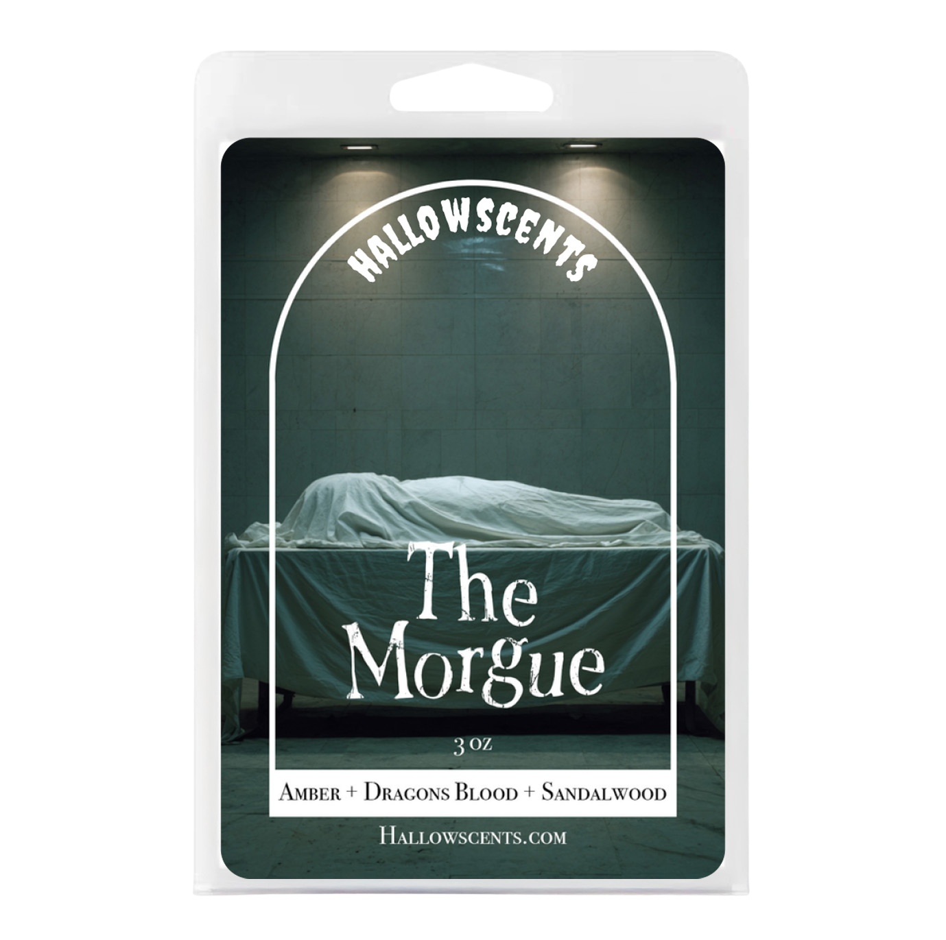 Hallowscents 'The Morgue' product packaging with a dark green background. Horror Wax Bars. Spooky Wax Bars. Horror Bath and Body. Spooky Bath and Body. 