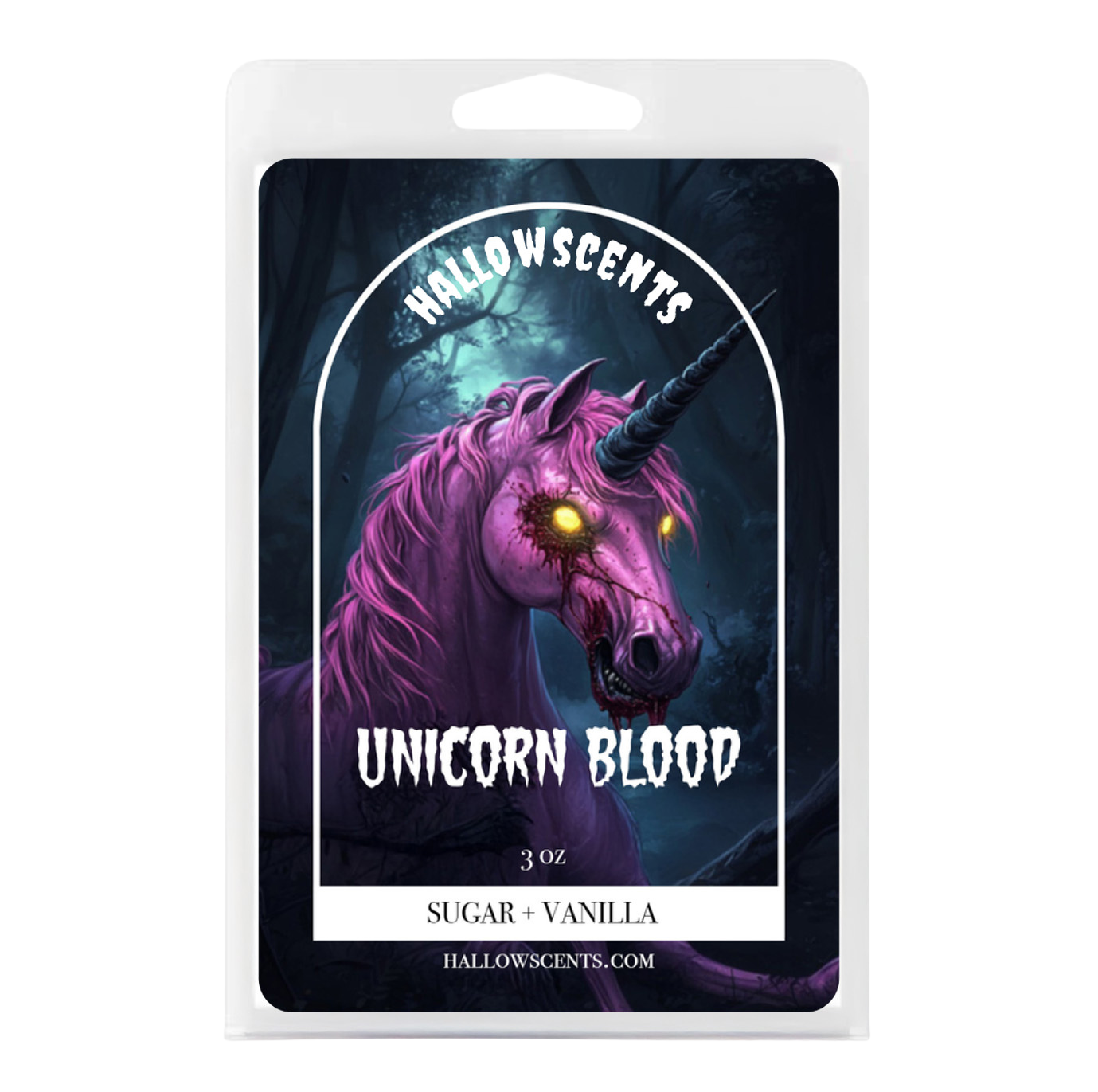 Packaging of HalloWScents Unicorn Blood with a purple unicorn illustration on a dark background.
Horror Wax Bars. Horror Candles. Spooky Wax Bars. Horror Candles. Horror Bath and Body. Spooky bath and body. 