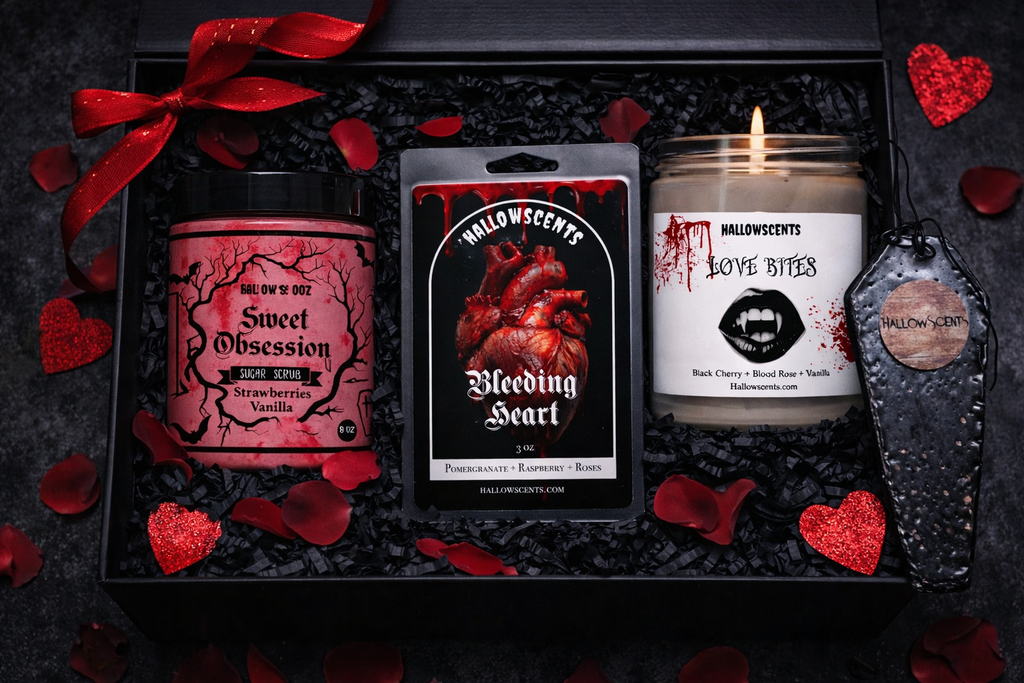 Halloween-themed product set with candles and packaging on a dark background. Horror Themed Wax Bars and Bath Products