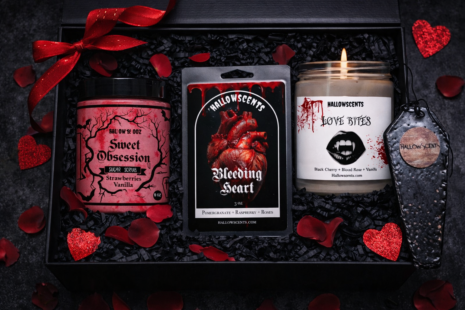 Halloween-themed product set with candles and packaging on a dark background. Horror Themed Wax Bars and Bath Products