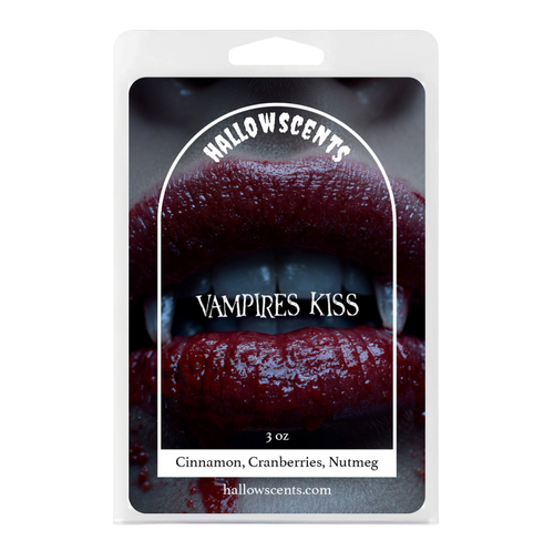 Packaging of 'Vampires Kiss' by HalloWScents with a dark background and red lips.
Horror Wax Bars. Horror Candles. Spooky Wax Bars. Horror Candles. Horror Bath and Body. Spooky bath and body. 