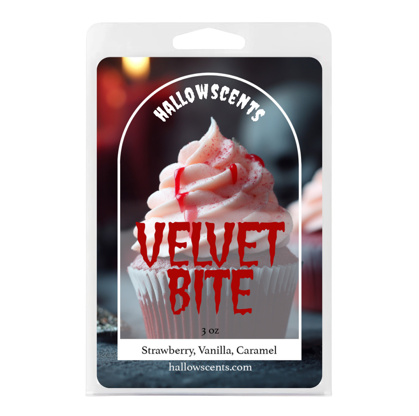 Hallowscents Velvet Bite wax melt package with a cupcake illustration on a white background
Horror Wax Bars. Horror Candles. Spooky Wax Bars. Horror Candles. Horror Bath and Body. Spooky bath and body. 