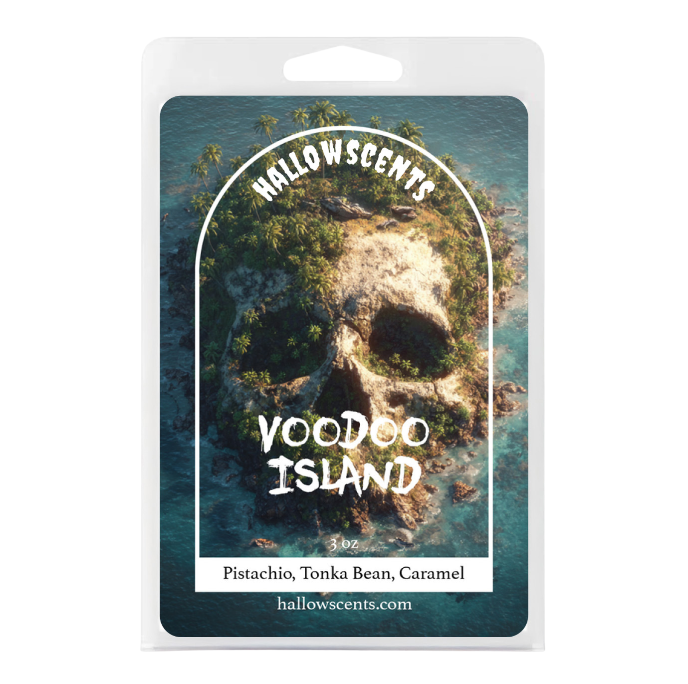 Packaging of Hallowscents Voodoo Island candle with island and skull 
design.
Horror Wax Bars. Horror Candles. Spooky Wax Bars. Horror Candles. Horror Bath and Body. Spooky bath and body. 