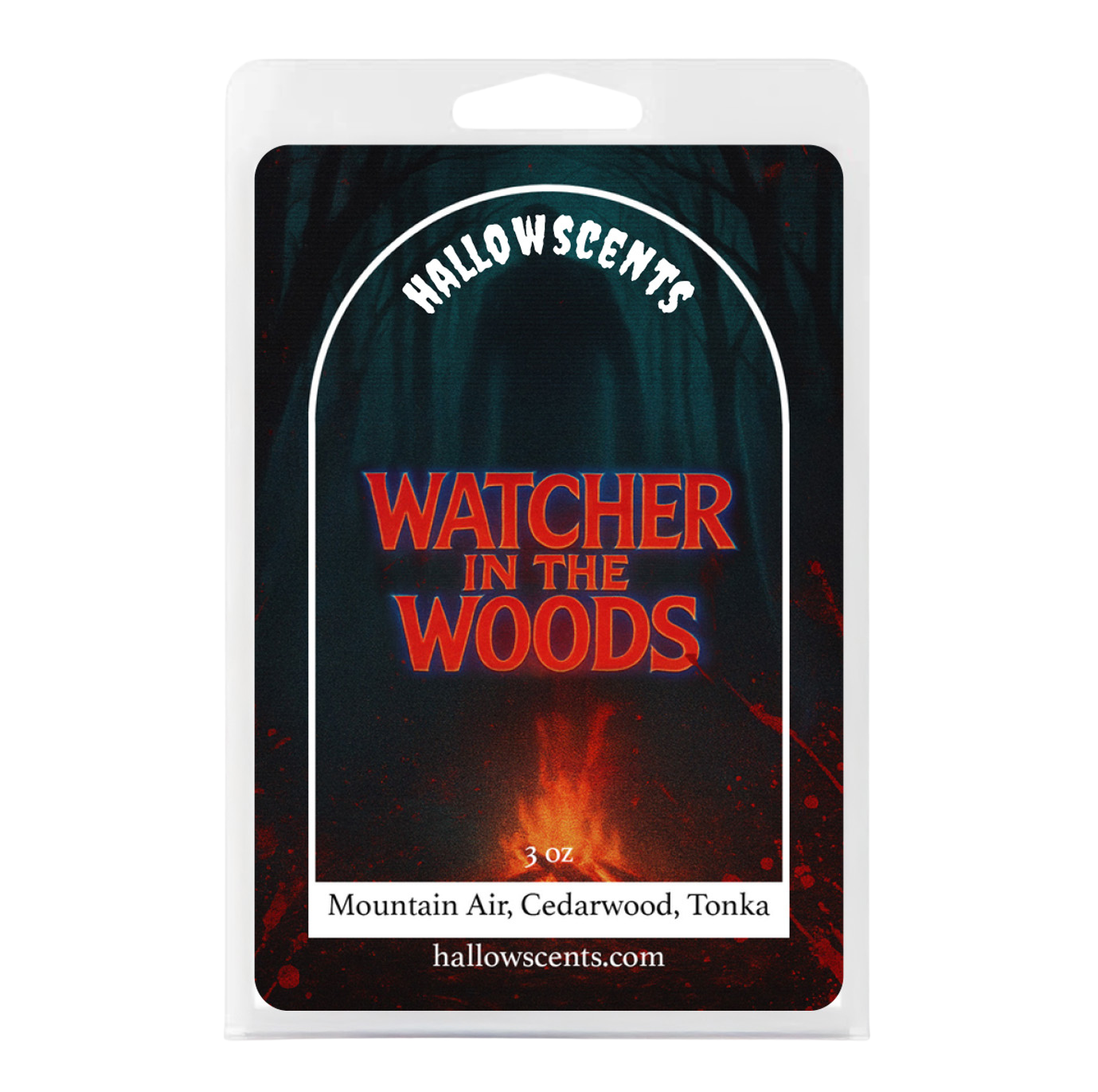 Packaging of HalloWscents 'Watcher in the Woods' candle with dark background and red text.
Horror Wax Bars. Horror Candles. Spooky Wax Bars. Horror Candles. Horror Bath and Body. Spooky bath and body. 