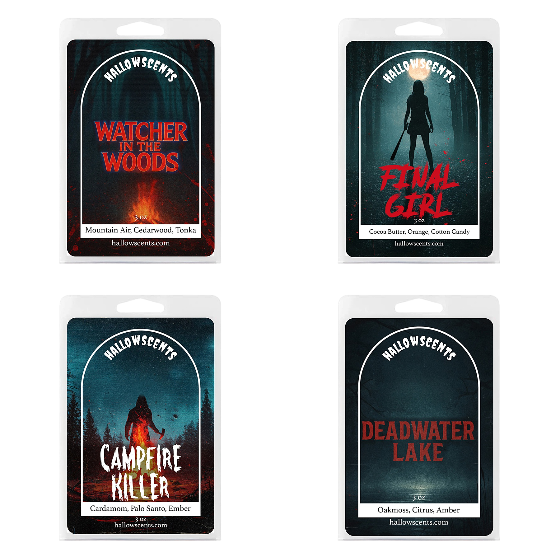 Four Halloween-themed product packages with different titles on a white background.
Horror Wax Bars. Horror Candles. Spooky Wax Bars. Horror Candles. Horror Bath and Body. Spooky bath and body. 