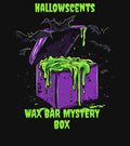 Promotional graphic for Hallowscents wax bar mystery box with green slime and bats on a black background. Horror wax bars. Spooky wax bars. Horror bath and body products. 