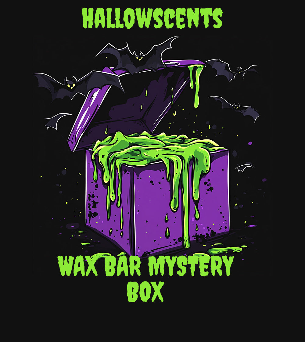 Promotional graphic for Hallowscents wax bar mystery box with green slime and bats on a black background. Horror wax bars. Spooky wax bars. Horror bath and body products. 