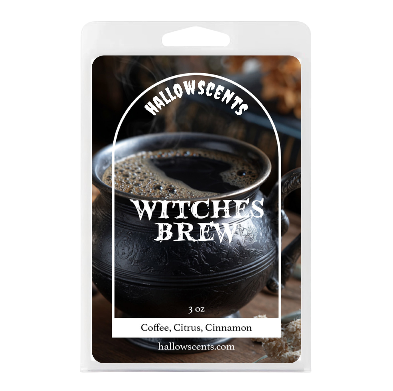 Packaging of 'Witches Brew' wax melt with a black cup and text on a white background
Horror Wax Bars. Horror Candles. Spooky Wax Bars. Horror Candles. Horror Bath and Body. Spooky bath and body. 
