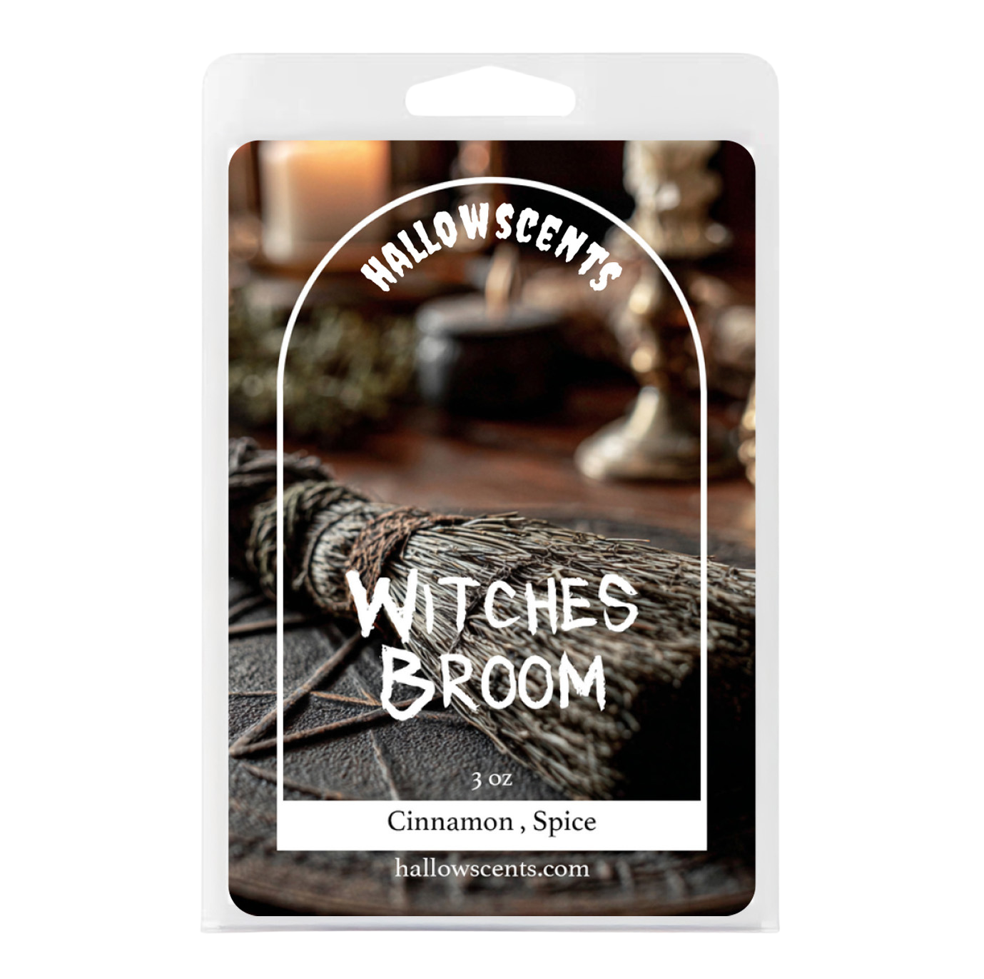 Hallowscents Witches Broom candle packaging with a broom and cinnamon sticks on a white background
Horror Wax Bars. Horror Candles. Spooky Wax Bars. Horror Candles. Horror Bath and Body. Spooky bath and body. 