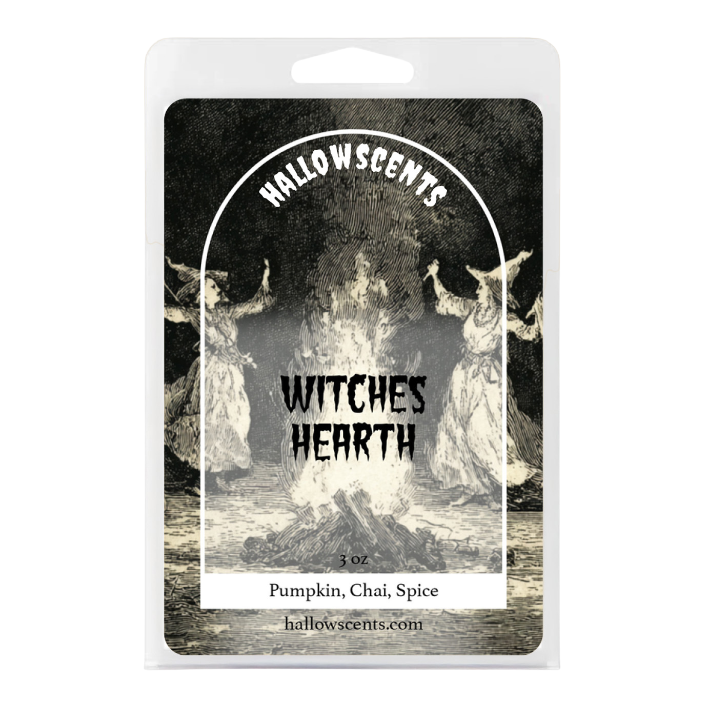 Packaging of Witches' Hearth by Hallowscents with black and white illustration. Horror Wax Bars. Spooky Wax Bars. Horror Bath and Body