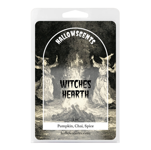 Packaging of Witches' Hearth by Hallowscents with black and white illustration. Horror Wax Bars. Spooky Wax Bars. Horror Bath and Body