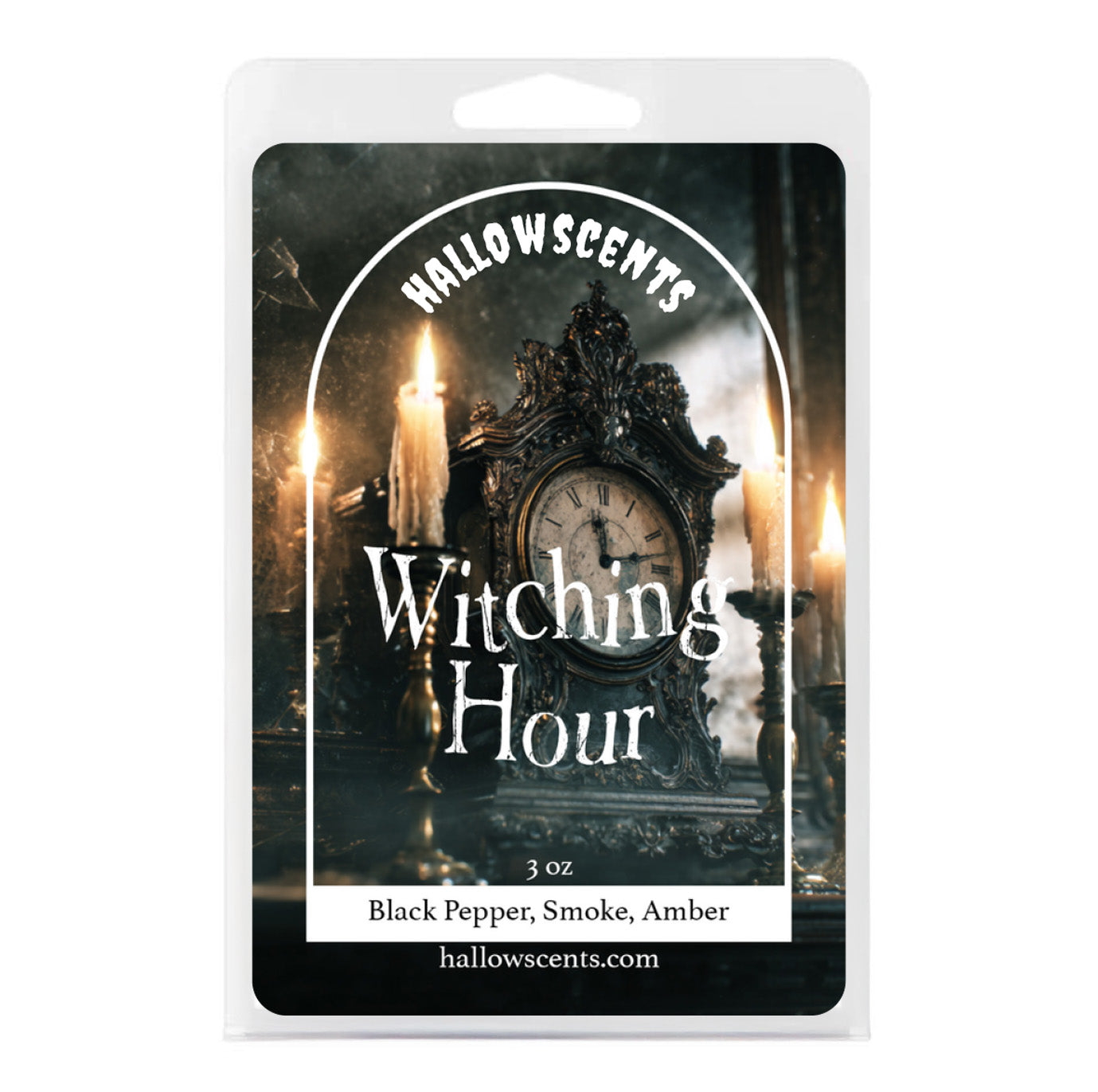 Hallowscents Witching Hour wax bar packaging with clock design and candles. Horror and Spooky Wax Bars. The Best Wax Bars