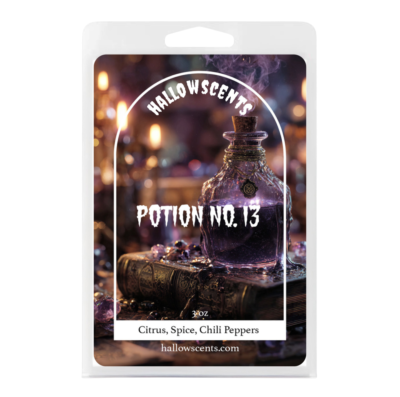 Hallowscents Potion No. 13 packaging with a mystical bottle design.
Horror Wax Bars. Horror Candles. Spooky Wax Bars. Horror Candles. Horror Bath and Body. Spooky bath and body. 